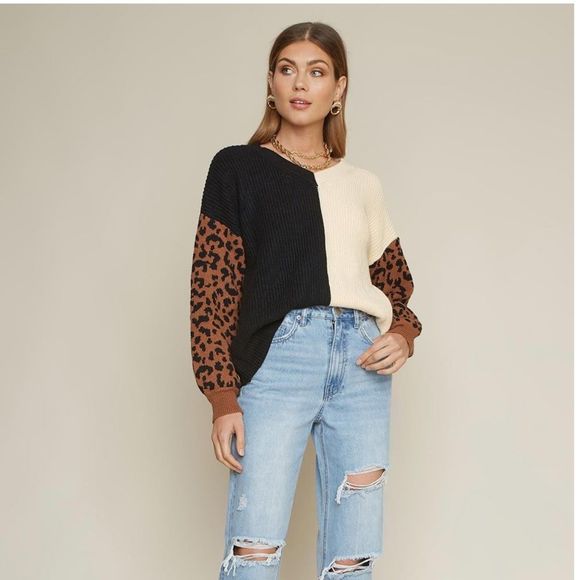 Sweaters - Dee Elly Colorblock Sweater with Leopard sleeves Size S NWOT